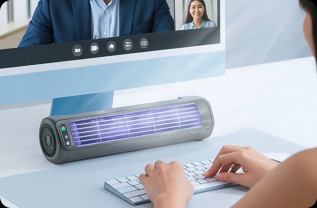 Vital Cooling Breeze on a home office desk during a video call